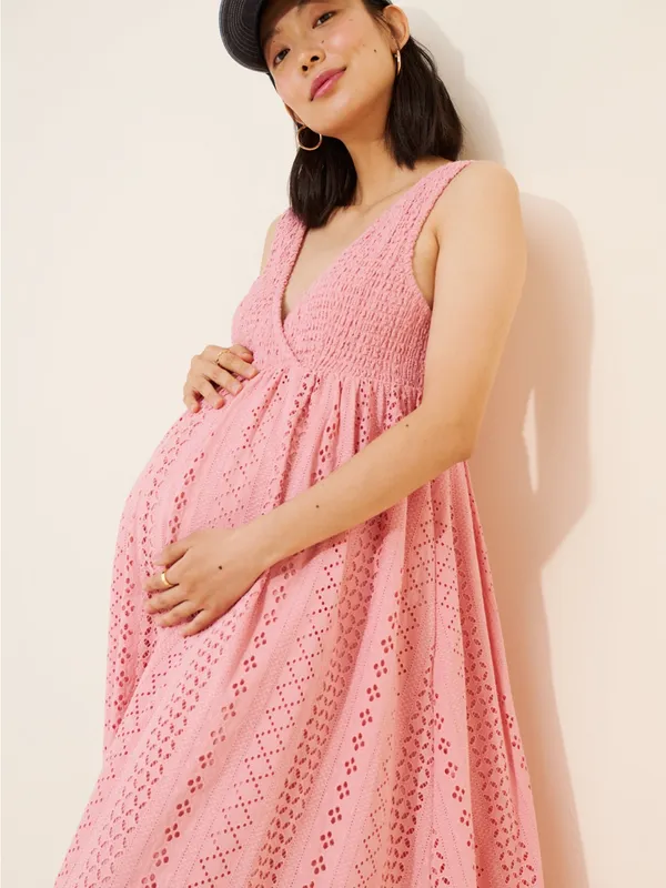 Maison Amory Maternity Sleeveless Eyelet Maxi Dress Pink Cotton Crocheted Sz S - Image 4