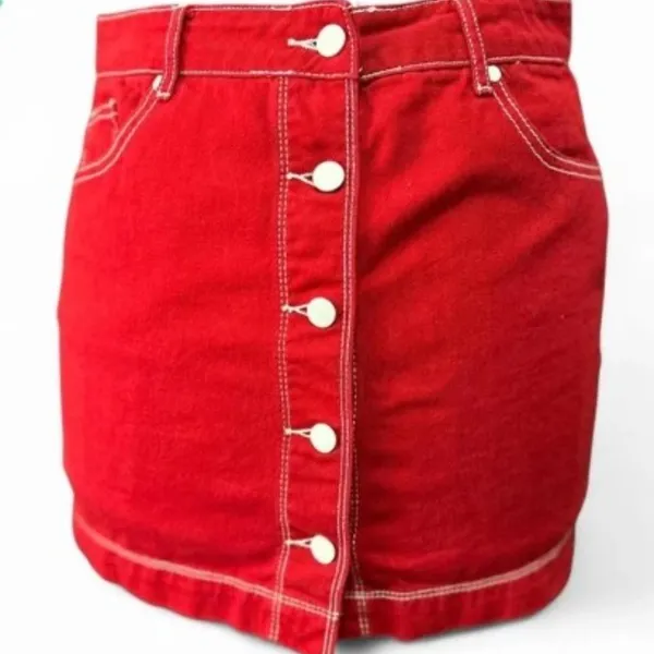Forever 21 Womens Small Red Denim Mini‎ Skirt Button-Front - Image 2