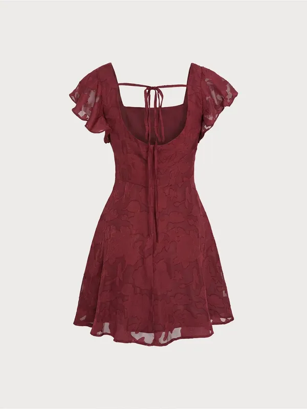 Rihoas Wine Red Square Neck Jacquard Mini Dress - Image 7
