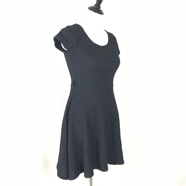 Gracia Cable Knit Textured Skater Mini Dress Fit Flare Black Scoop Neck S - Image 6