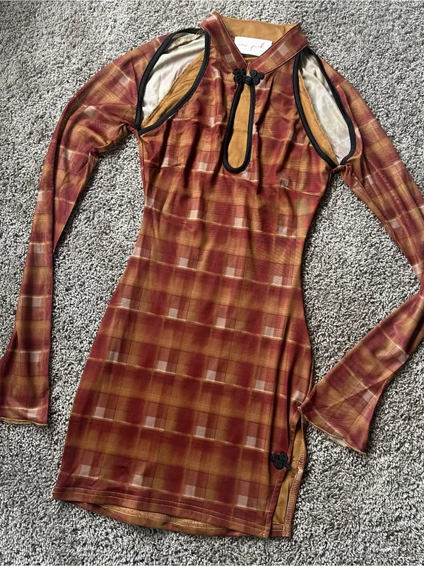 Dolls Kill Long-Sleeve Plaid Bodycon Dress in Rust & Gold Tones - Image 2