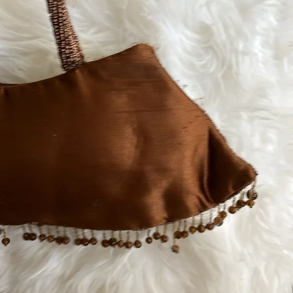 Vintage brown beaded fish scale triangle shape double handle satin handbag purse - Image 8