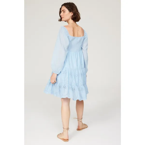 Area Stars Eyelet Trim Light Blue Long Sleeve Square Neck Dress Size Medium - Image 3