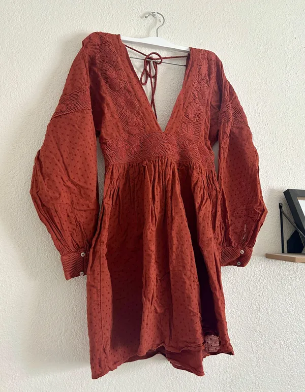 Free People Orange Long Sleeve Sugar Pie Babydoll A line Dress - Image 2