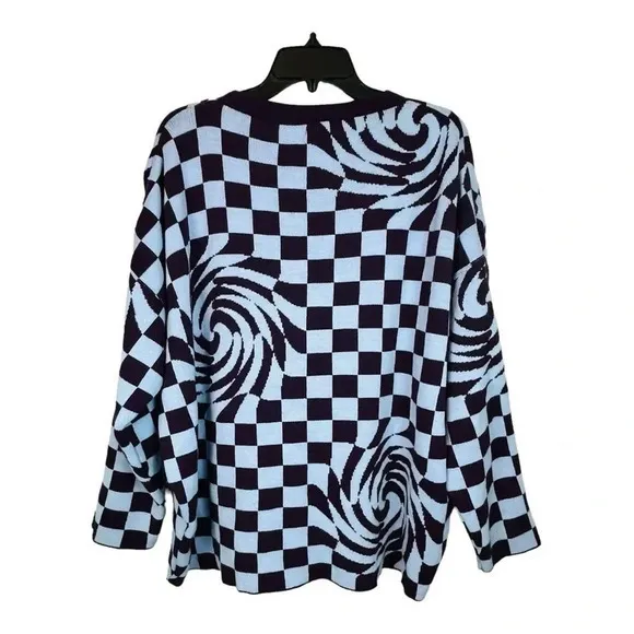 I‎ Saw It First Checkerboard Swirl Sweater Womens Medium Purple Blue Oversized - Image 4