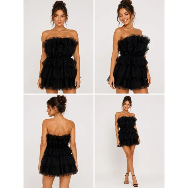 BuddyLove Powder Puff Black Tulle Ruffle Tiered‎ Strapless Mini Dress XS CG4877 - Image 9