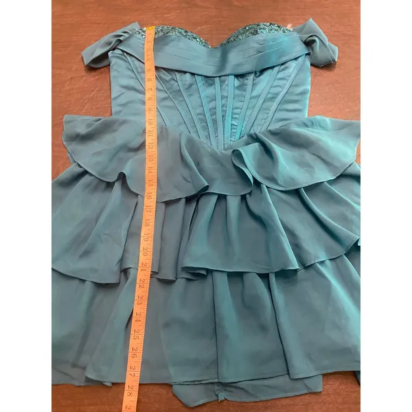 Teal Sequin Corset Mini Dress Off Shoulder Ruffle Tiered Lace Up Prom Formal S/M - Image 7