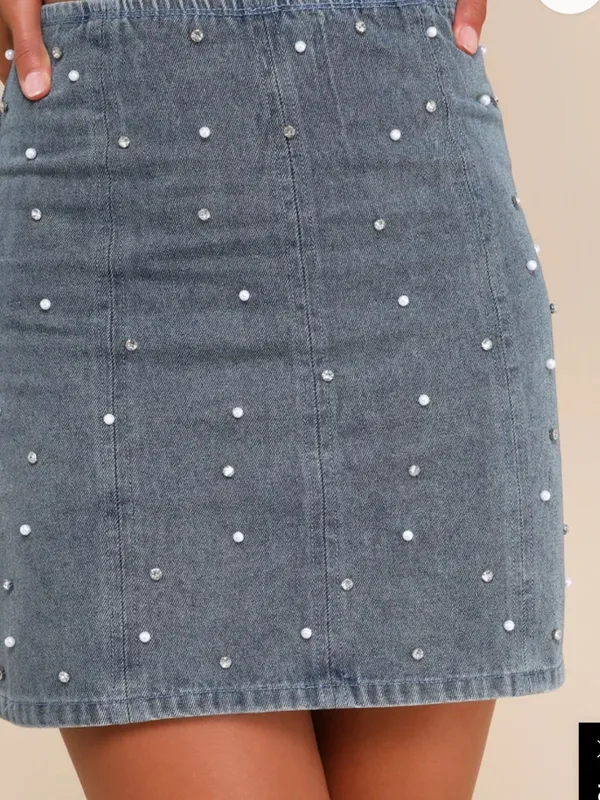 Lulu's Pearl-Studded Dark Blue Denim Mini Skirt - Image 3