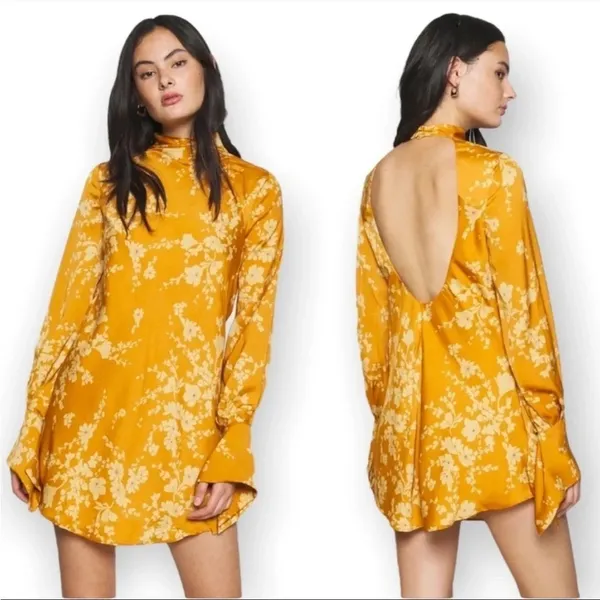 Free People‎ Dress Aries Floral High Neck Open Back Dress Gold Floral XS - Image 3