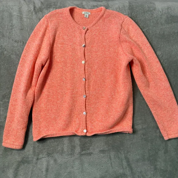 L.L.Bean Cotton Knit Cardigan Sweater Womens M Orange Marbled Layering Preppy - Image 4