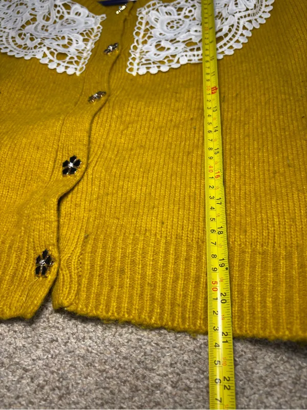 RARE Anthropologie Maeve Mustard Yellow Lace Collar Cardigan Sweater Size M - Image 4