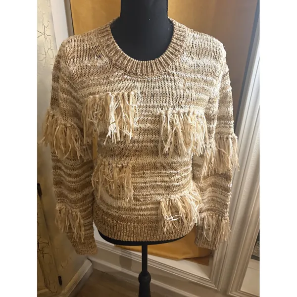 Michael Kors Fringe Striped Knit Sweater Beige White XS Boho Crewneck Pullover - Image 3