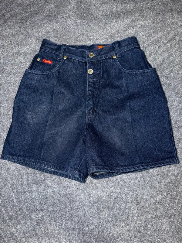 vintage Lawman high-waisted dark wash denim shorts featuring prominent gold-tone - Image 2