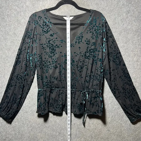 Lauren Conrad Womens Large Black‎ Teal Burnout Velvet Floral Peplum Wrap Blouse - Image 3