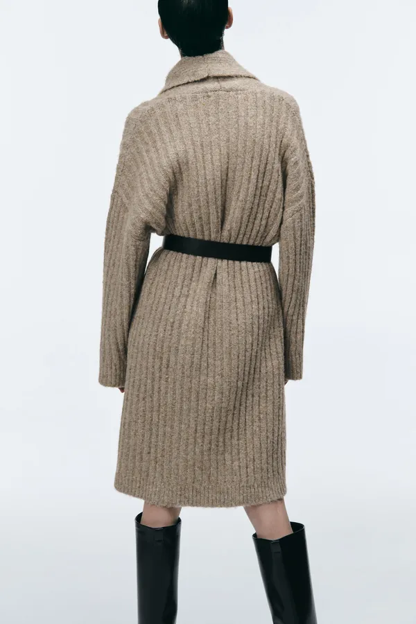 ZARA Tan Ribbed Knit Long Coat Cardigan Jacket - Image 8
