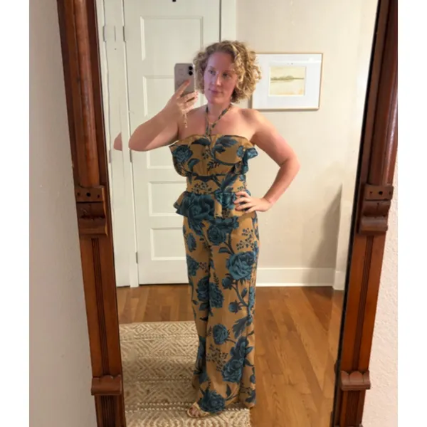 ESPECIA Anthropologie Halter Floral Peplum Jumpsuit Size Small - Image 4