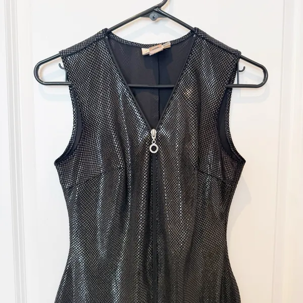 VTG Cache Y2K Zip Front Bodycon‎ Dress Small Black Rave Party Cyber Goth - Image 2