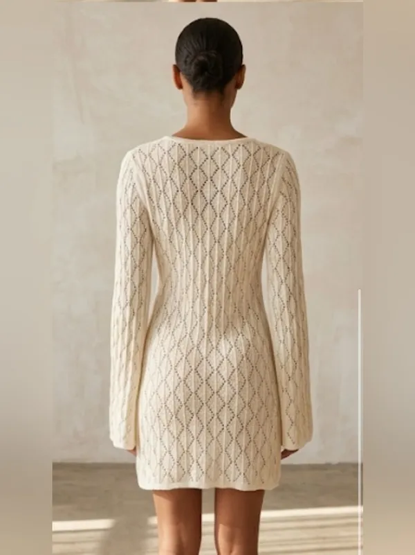 Streetwear Society Crochet Knit Mini Dress Beige Bell Sleeve Size L - Image 2