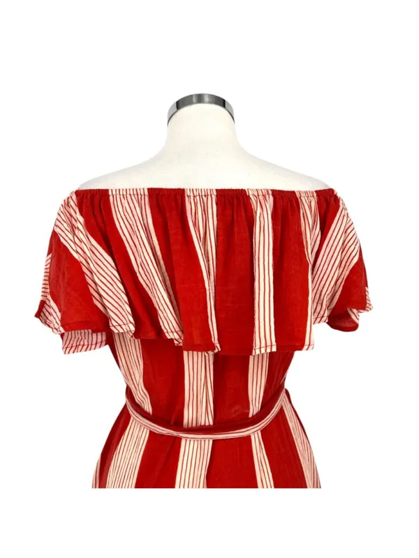 Faithfull The Brand Amalfi off-Shoulder Rust Red Striped Mini Dress Size Small - Image 6