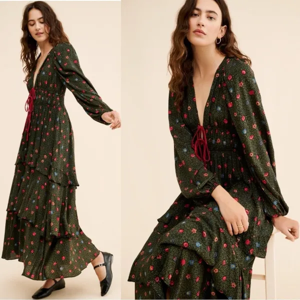 Free People Bohemian Gypsy Tiered Ruffle Maxi Dress Size Medium Witchy Plunge - Image 3