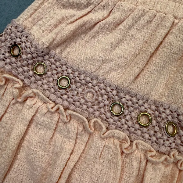 MISA Los Angeles Peach Cotton Rayon Ruffle Mini Dress Grommet‎ Crochet Small - Image 11