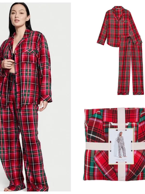 Victoria's Secret Red Pink Green Plaid Flannel Pajama Set Women’s Size Large - Image 3