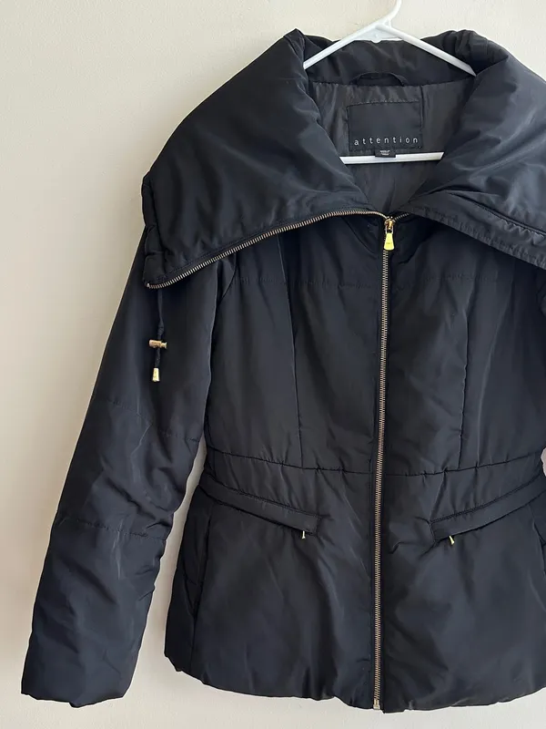 attention Black Fitted Puffer Jacket, Wide Collar, Gold Hardware, Size Small - Image 2