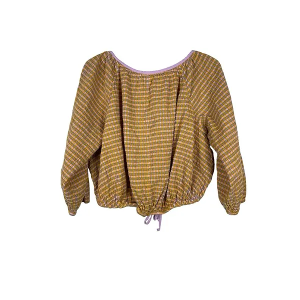 Free EST Free People Boho Mustard Plaid Blouse Peasant Top Balloon Sleeve Tie - Image 3