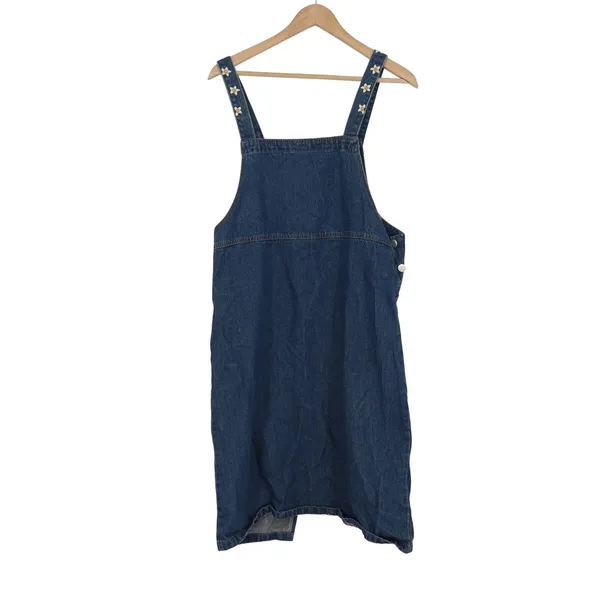 X-Girl Denim Overall Pinafore Dress Blue Daisy Embroidered Straps Midi Size M - Image 4