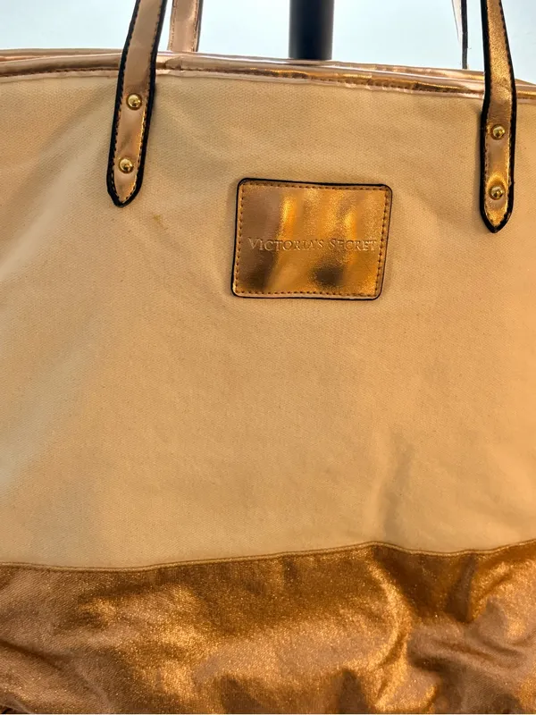 PINK Victoria's Secret Cream Canvas Tote with Rose Gold Metallic Base - Image 2