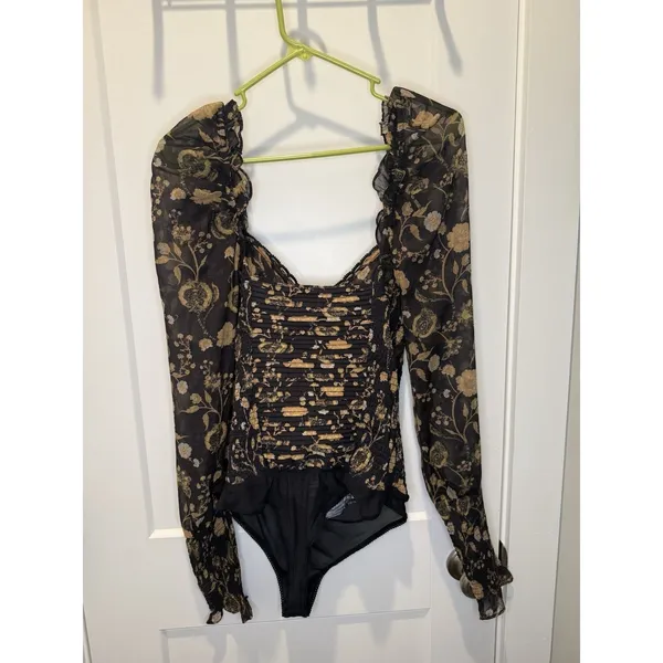 Free People Size S Brunch Date Smocked Floral Bodysuit Puff Sleeve Bohemian - Image 6