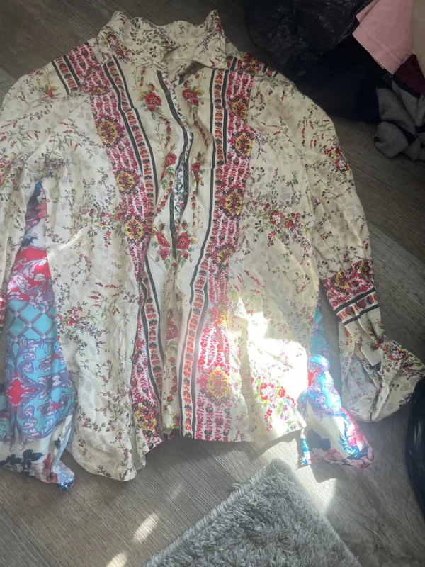 Anthropologie Cyrena Mixed Floral Print High Lo Button Down Linen Blend Top L - Image 2