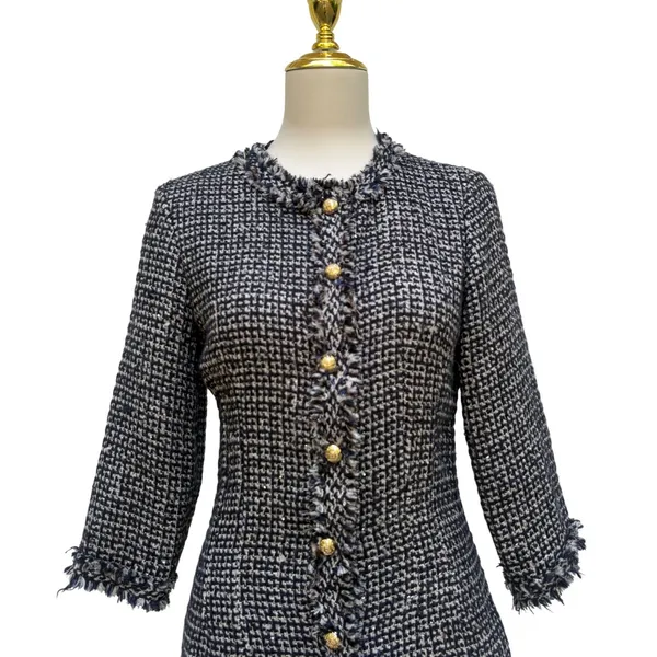 Zara‎ Tweed Mini Dress Size M Black Blue Gold Button Frayed Trim Classic Preppy - Image 2