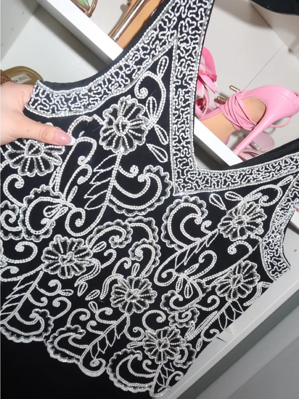 J Kara Black Maxi Dress with White Beaded Floral Bodice - Image 13
