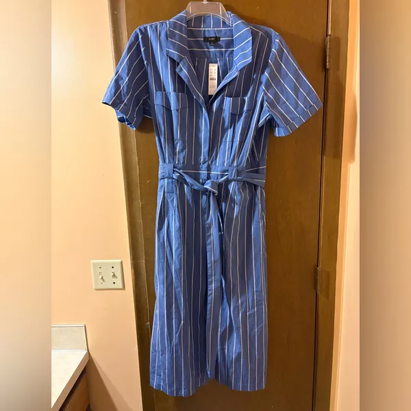 NWT J.Crew Blue & White Striped Belted Midi Dress - Image 3