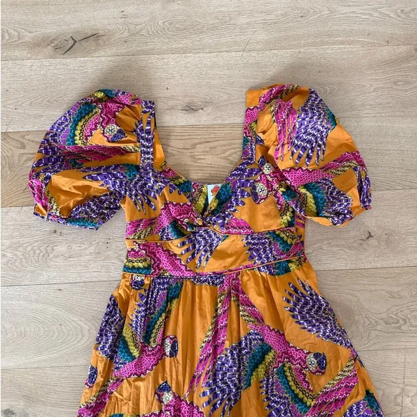 Farm Rio - Macaw Print Puff Sleeve Dress in Orange & Purple Multi - Image 2