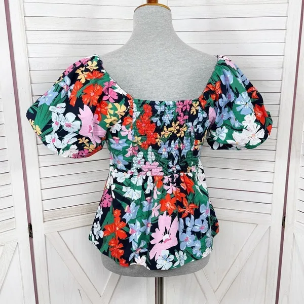 Old Navy Floral Puff Sleeve Peplum Flared Hem V‎ Neck Top Shirt Blue Multi Small - Image 5