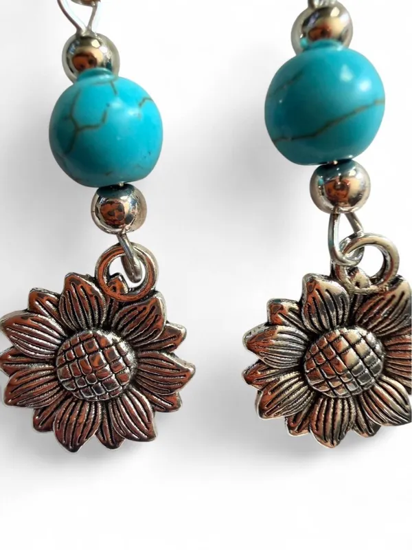 Handmade Turquoise & Silver Sunflower Dangle Earrings - Image 3