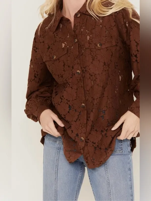 Shyanne Western Brown Lace-Overlay Frnge Shirt Jacket Size Large A1 - Image 4