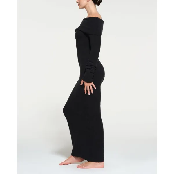 NWT SKIMS Cozy Knit Off the Shoulder Dress XL Onyx - Image 3