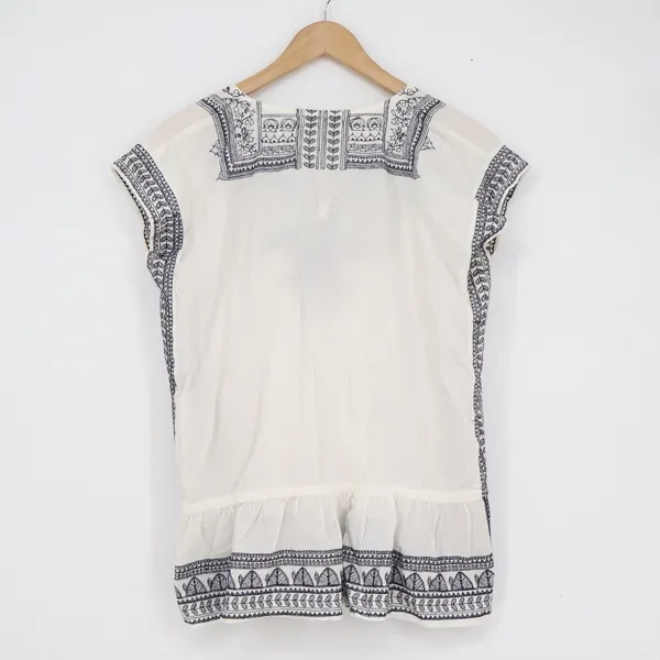 World Market White Navy Blue Embroidered Cotton Peasant Blouse Peplum Top S/M - Image 6