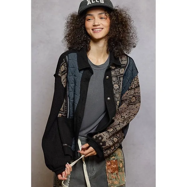 POL Black Bandana Patchwork Waffle Knit Quilted Jacket GKJ37 Womens Medium - Image 2