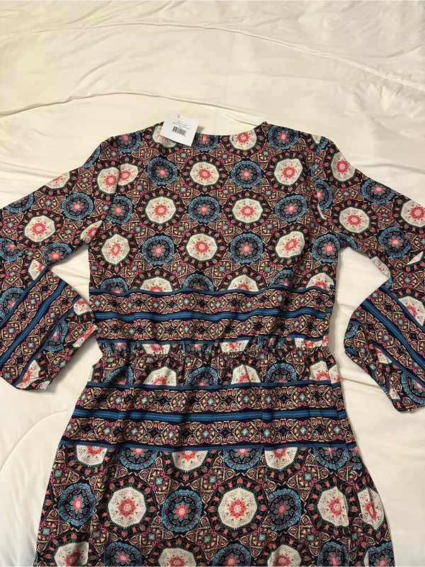 Fraiche by J Nadia Faux Wrap Boho Printed Long Sleeve Midi Dress - NWT - Size S - Image 9