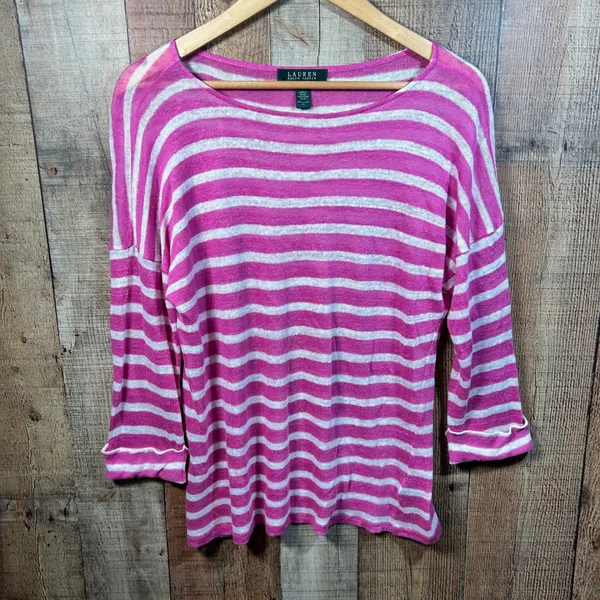 Lauren Ralph Lauren Pink White Striped 100% Linen Knit Sweater Boat Neck Large L - Image 2