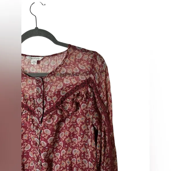 American Eagle Sheer‎ Floral Blouse Large Burgundy Long Sleeve Boho Peasant Top - Image 3