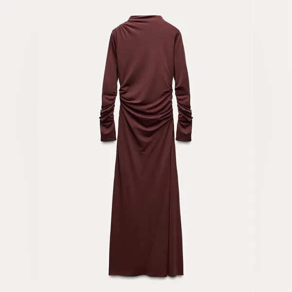 NWT Zara Draped Long Ruched Maxi Dress in Tobacco Brown Size XS - Image 9
