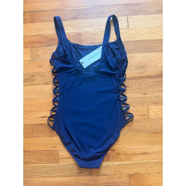 Tory Burch One Piece Swimsuit Navy‎ Blue Lattice Side Strappy Size Medium - Image 3