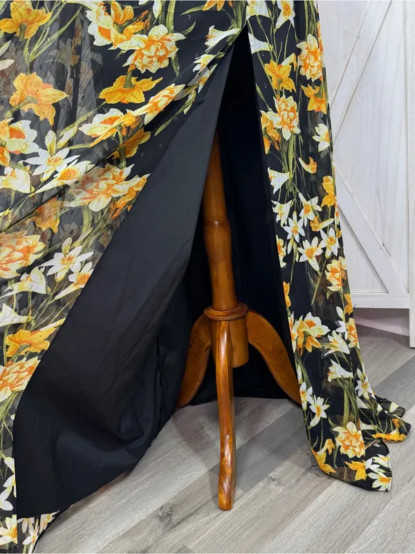 Aidan Mattox Floral Pleat V Neck Front Slit Formal Maxi Dress Black Yellow 8 - Image 7