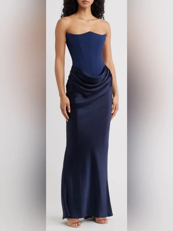 NEW HOUSE OF CB Persephone Strapless Corset Satin & Stretch Crepe navy Gown Sz M - Image 2