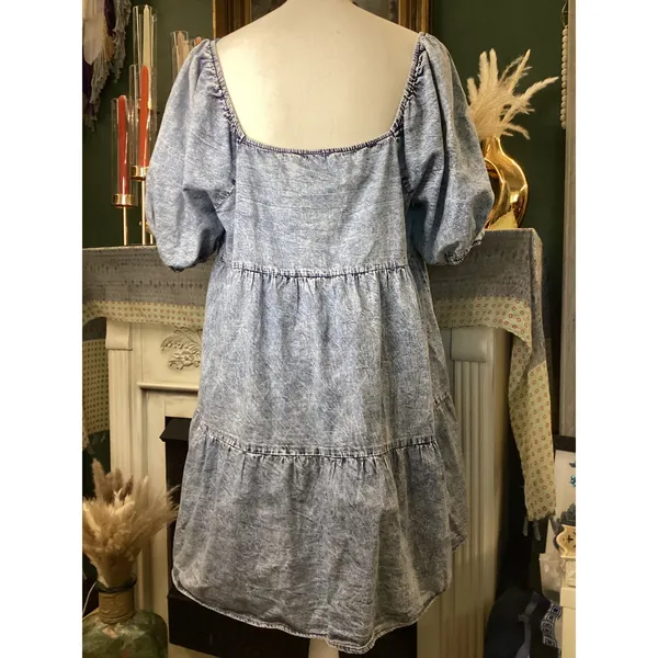 Denim by Flying Tomato Acid Wash Puff Sleeve Tiered Babydoll Mini Dress L AD2228 - Image 2